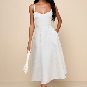 Lulus Meet For Tea White Jacquard Bustier Midi Dress With Pockets - Size S